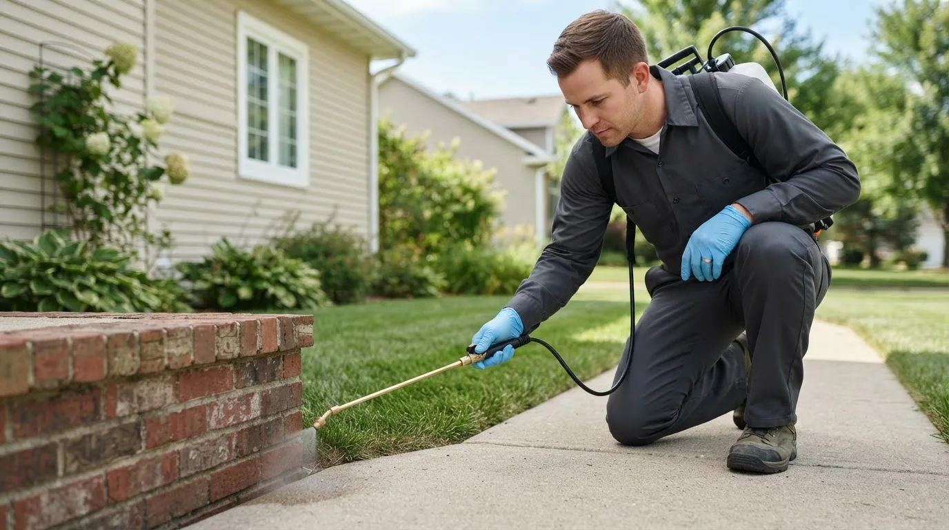 Pest control technician treating a home near Veneta, OR